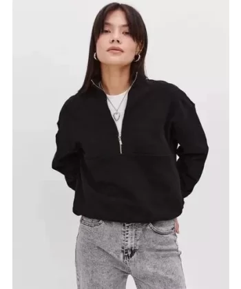 Oversize Yarım Farmuarlı Yakalı Basic SweatShirt - Siyah