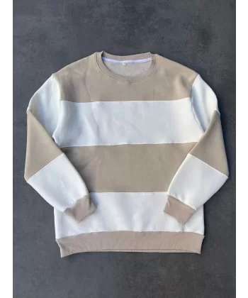 Parçalı Bisiklet Yaka Baskılı SweatShirt - Bej