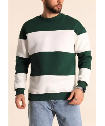 Parçalı Bisiklet Yaka Baskılı SweatShirt - Yeşil