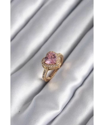 Pirinç Gold Renk Pembe Zirkon Taşlı Charm Kalp Model Kadın Yüzük