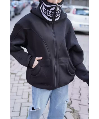 Samuray Kapşonlu ZIP Fermuarlı Çift Kapşonlu Nakışlı SweatShirt- Siyah