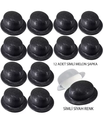 Siyah Renk Simli Melon Yuvarlak Parti Şapkası 12 Adet