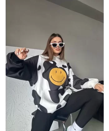 Smiley Face Kapüşonlu Sweatshirt - Siyah