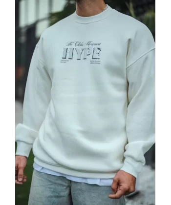 Üç İplik Bisiklet Yaka Baskılı SweatShirt - Beyaz