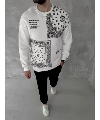 Üç İplik Desenli Bisiklet Yaka Oversize SweatShirt - Beyaz