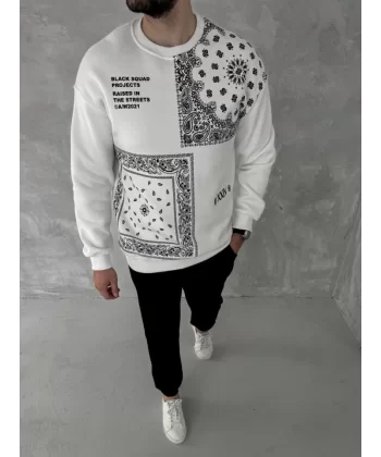 Üç İplik Desenli Bisiklet Yaka Oversize SweatShirt - Beyaz