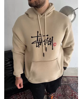 Üç İplik Kapşonlu Baskılı SweatShirt - Bej