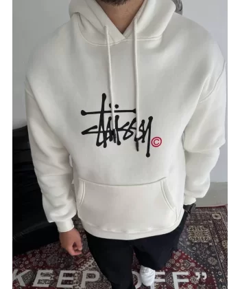 Üç İplik Kapşonlu Baskılı SweatShirt - Beyaz