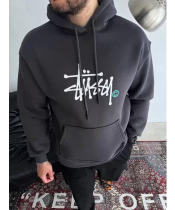 Üç İplik Kapşonlu Baskılı SweatShirt - Füme