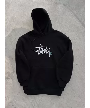 Üç İplik Kapşonlu Baskılı SweatShirt - Siyah