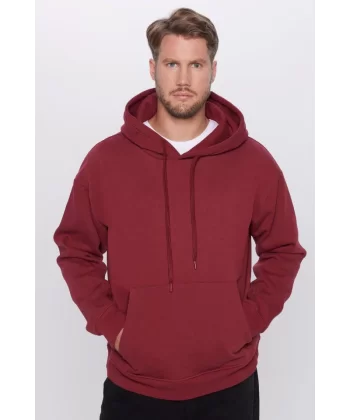 Üç İplik Penye Kapşonlu Basic SweatShirt - Bordo