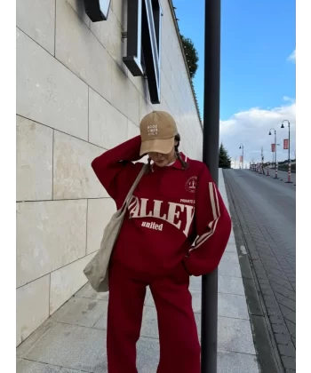 Üç İplik Yakalı Sweat Baggy Pantalonlu Takım - Bordo