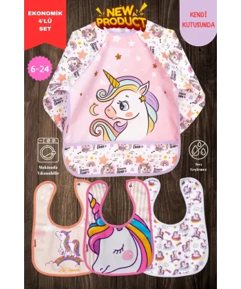 Unicorn Desen 4lü Set Eko Sıvı Geçirmez Aktivite Ve Mama Önlüğü Kendi Kutusunda 6-24 Ay