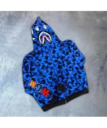 Unisex 2 İplik Bape Kapüşonu Fermuarlı Hırka - Mavi