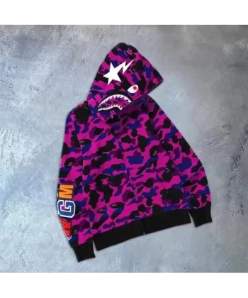 Unisex 2 İplik Bape Kapüşonu Fermuarlı Hırka - Mor