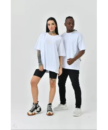 Unisex Basic Bisiklet Yaka Oversize T-Shirt - Beyaz