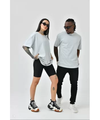 Unisex Basic Bisiklet Yaka Oversize T-Shirt - Boyalı Gri