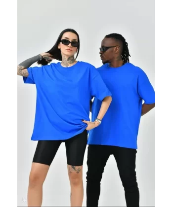 Unisex Basic Bisiklet Yaka Oversize T-Shirt - Mavi