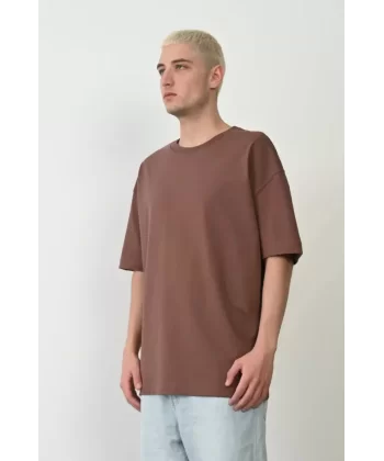 Unisex Basic Bisiklet Yaka Oversize T-Shirt - Mürdüm