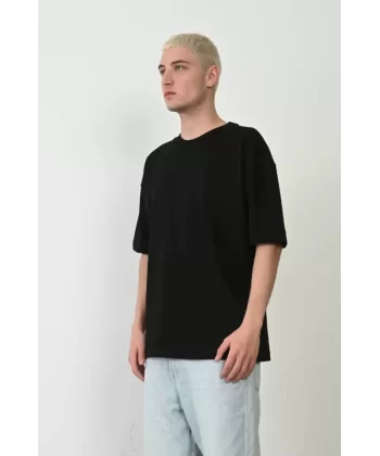 Unisex Basic Bisiklet Yaka Oversize T-Shirt - Siyah