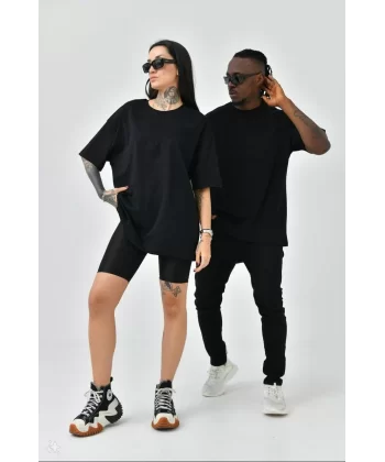 Unisex Basic Bisiklet Yaka Oversize T-Shirt - Siyah