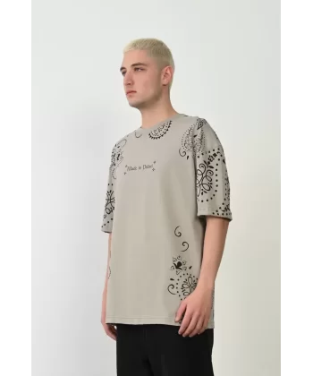 Unisex Baskılı Bisiklet Yaka Oversize T-Shirt - Boyalı Gri