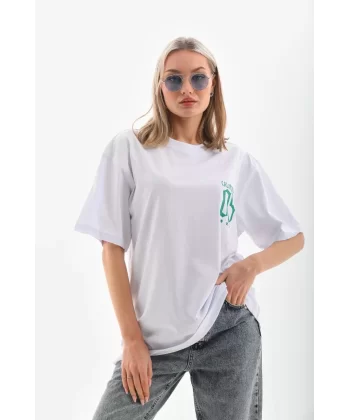 Unisex Baskılı Oversize T-Shirt - Beyaz