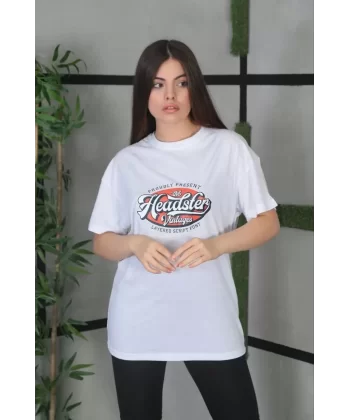 Unisex Baskılı Oversize T-Shirt - Beyaz