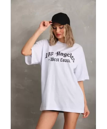 Unisex Baskılı Oversize T-Shirt - Beyaz