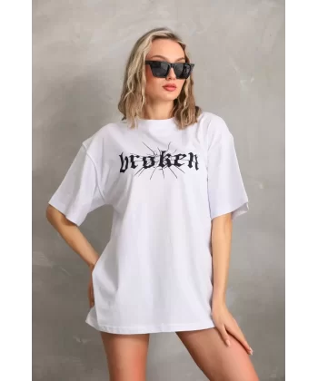 Unisex Baskılı Oversize T-Shirt - Beyaz