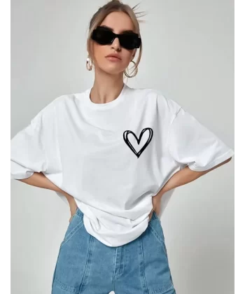 Unisex Baskılı Oversize T-Shirt - Beyaz