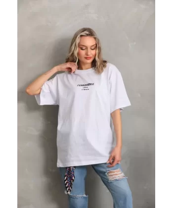 Unisex Baskılı Oversize T-Shirt - Beyaz