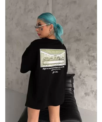 Unisex Baskılı Oversize T-Shirt - Siyah