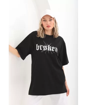 Unisex Baskılı Oversize T-Shirt - Siyah