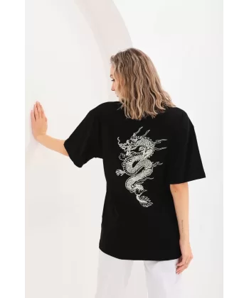 Unisex Baskılı Oversize T-Shirt - Siyah