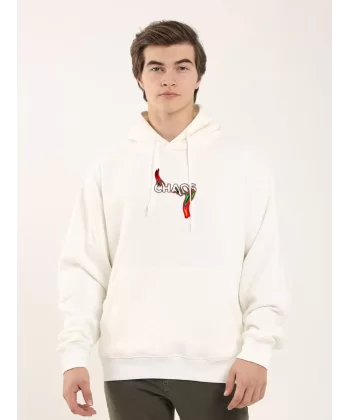 Unisex Baskılı Oversize Üç İplik Kapüşonlu Sweatshirt - Beyaz