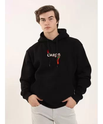 Unisex Baskılı Oversize Üç İplik Kapüşonlu Sweatshirt - Siyah