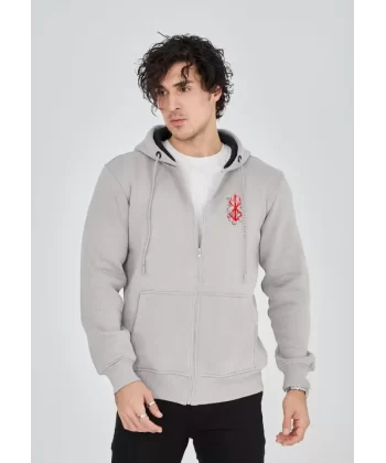 Unisex Baskılı Tam Fermuarlı Kapşonlu SweatShirt - Boyalı Gri