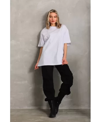 Unisex Bisiklet Yaka 20/1 Düz Oversize T-Shirt - Beyaz