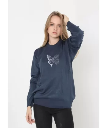 Unisex Bisiklet Yaka Baskılı Dokuma Triko - Indigo