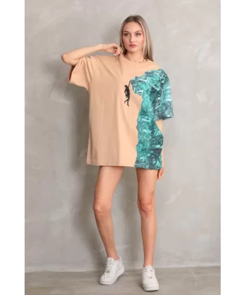 Unisex Bisiklet Yaka Baskılı Oversize T-Shirt - Bej