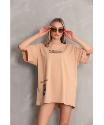 Unisex Bisiklet Yaka Baskılı Oversize T-Shirt - Bej