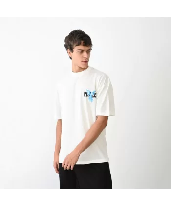 Unisex Bisiklet Yaka Baskılı Oversize T-Shirt - Beyaz