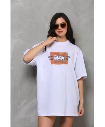 Unisex Bisiklet Yaka Baskılı Oversize T-Shirt - Beyaz