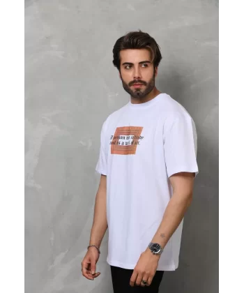 Unisex Bisiklet Yaka Baskılı Oversize T-Shirt - Beyaz