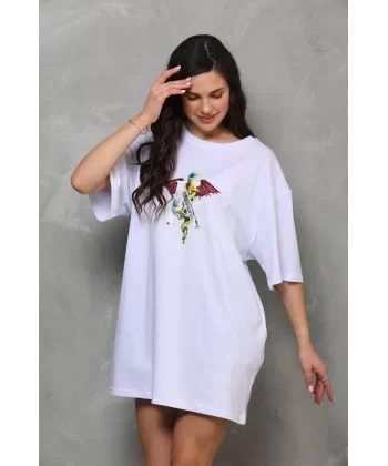 Unisex Bisiklet Yaka Baskılı Oversize T-Shirt - Beyaz