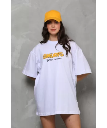 Unisex Bisiklet Yaka Baskılı Oversize T-Shirt - Beyaz