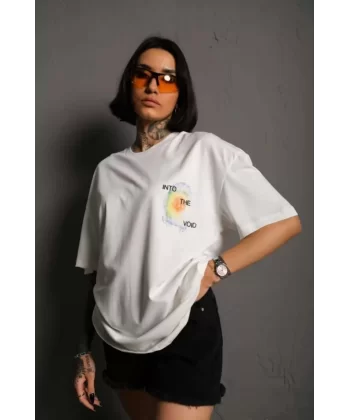 Unisex Bisiklet Yaka Baskılı Oversize T-Shirt - Beyaz