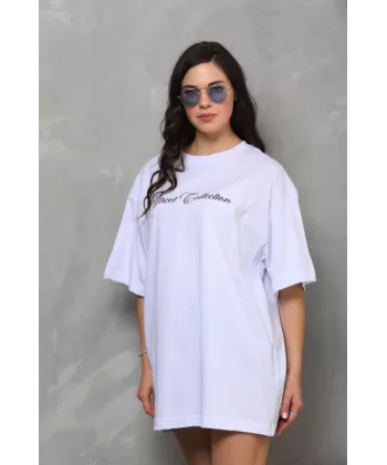 Unisex Bisiklet Yaka Baskılı Oversize T-Shirt - Beyaz