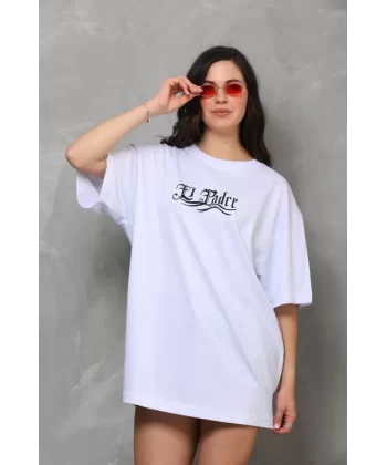 Unisex Bisiklet Yaka Baskılı Oversize T-Shirt - Beyaz